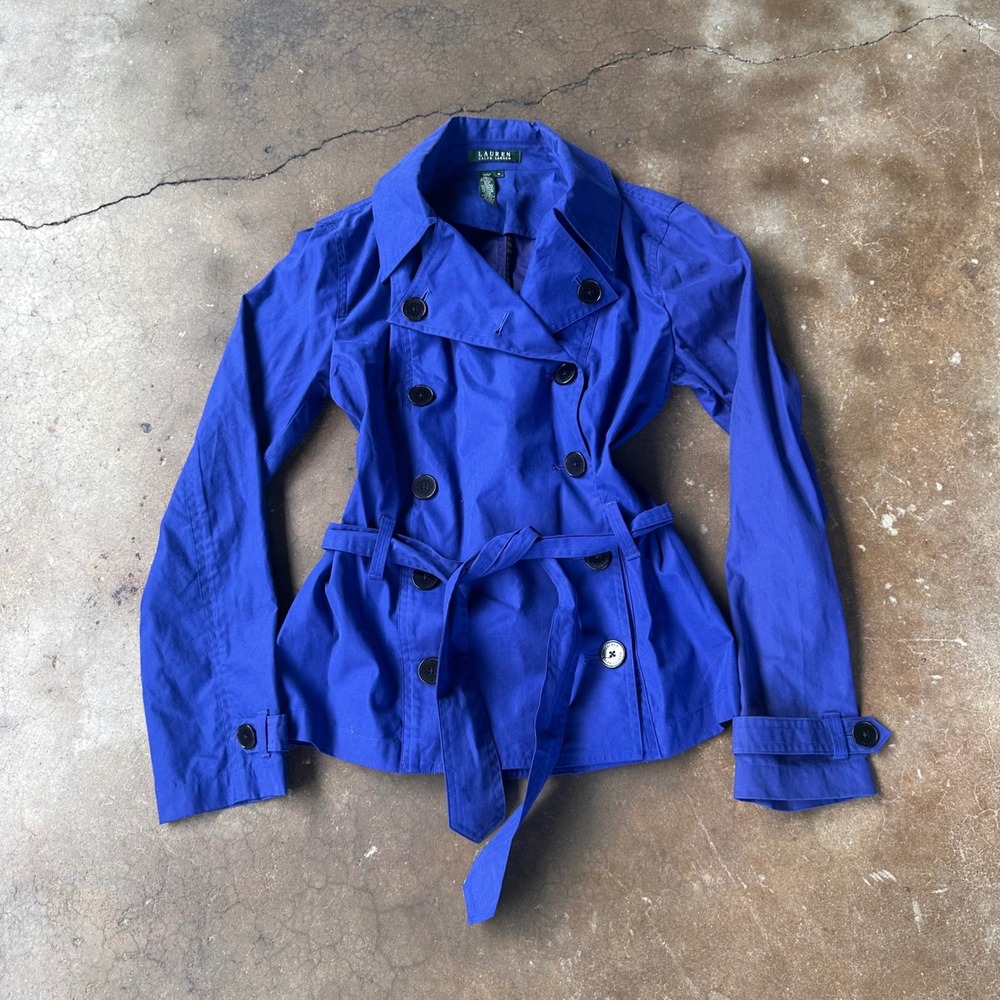 Lauren Ralph Lauren Trench Jacket Womens M Blue Excellent Belted Double Breasted